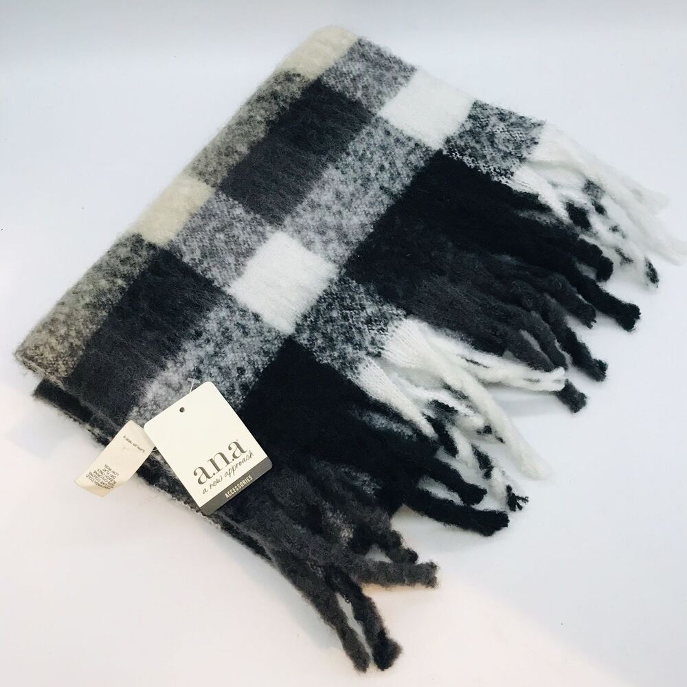 NWT a.n.a. A New Approach SOFT Plaid Scarf Black Gray White 80 inch plus Fringe